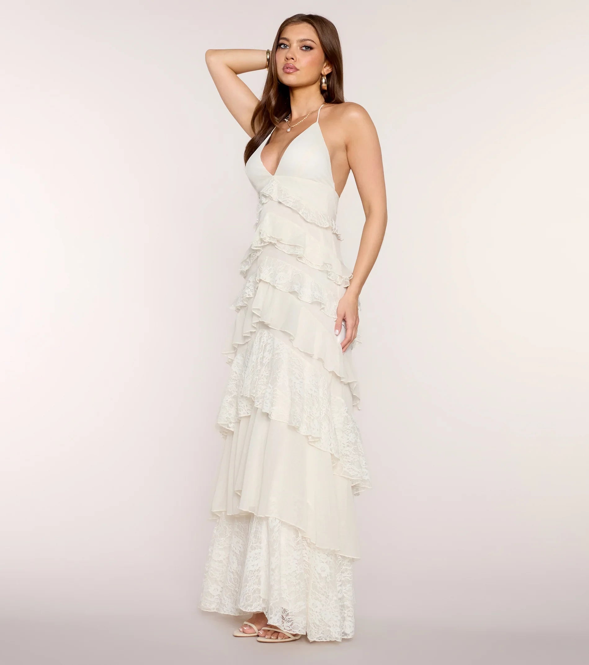 Elegant A-Line Halter V-Neck Sleeveless Tiered Ivory Floor-Length Prom Dress