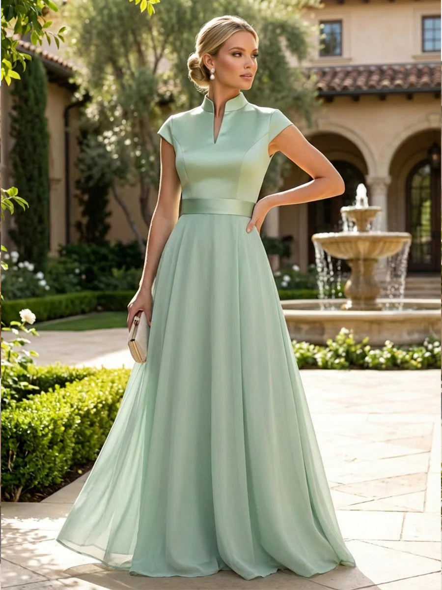 Elegant A-Line High Neck Cap Sleeve Sage Green Mother of the Bride Dress