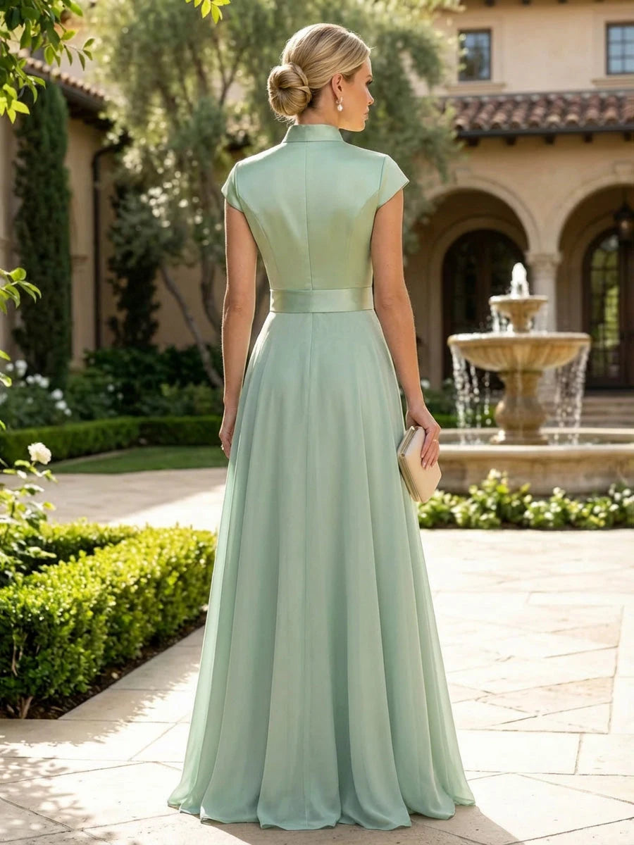 Elegant A-Line High Neck Cap Sleeve Sage Green Mother of the Bride Dress