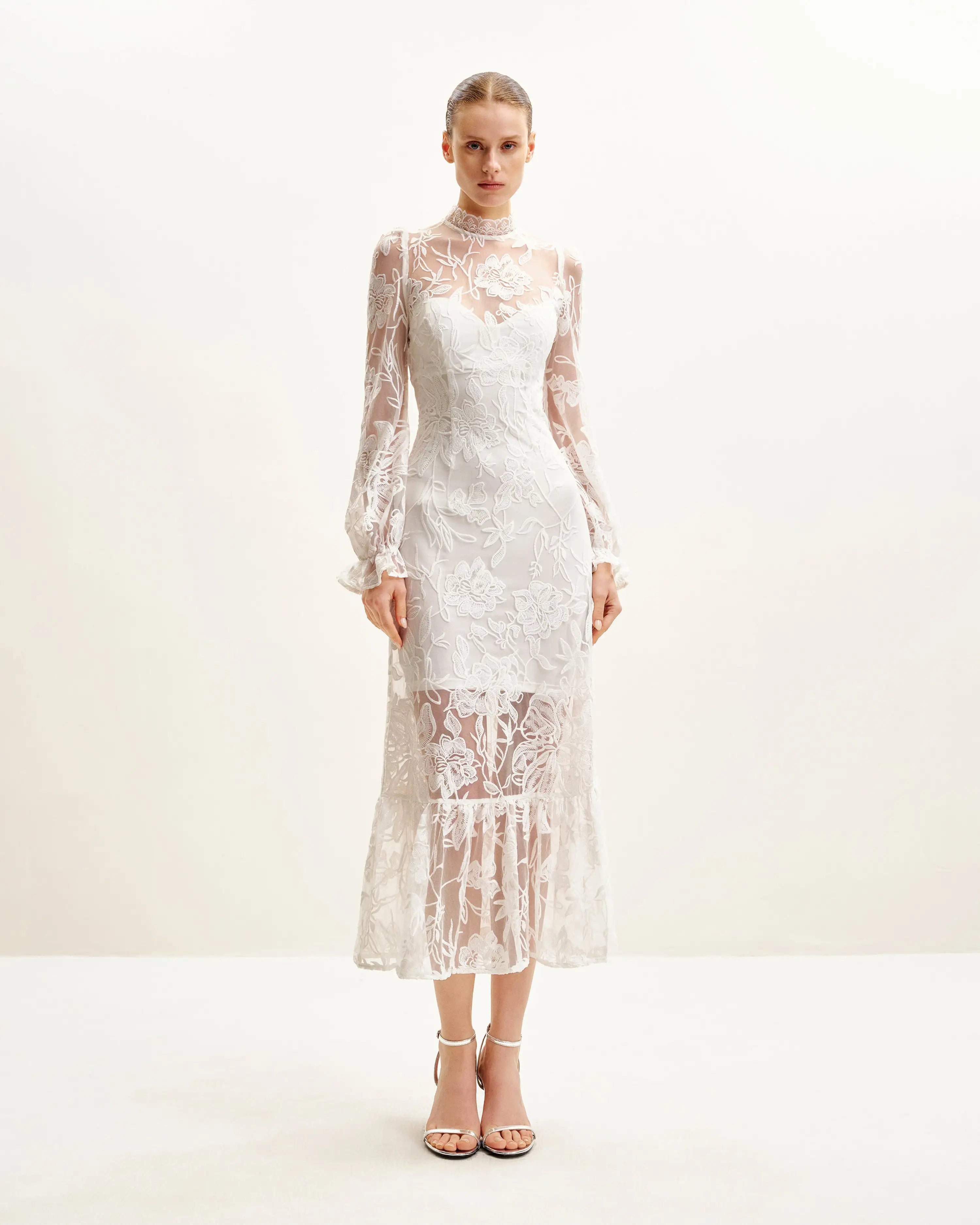Elegant A-Line High Neck Long Sleeve Floral Lace White Midi Prom Dress
