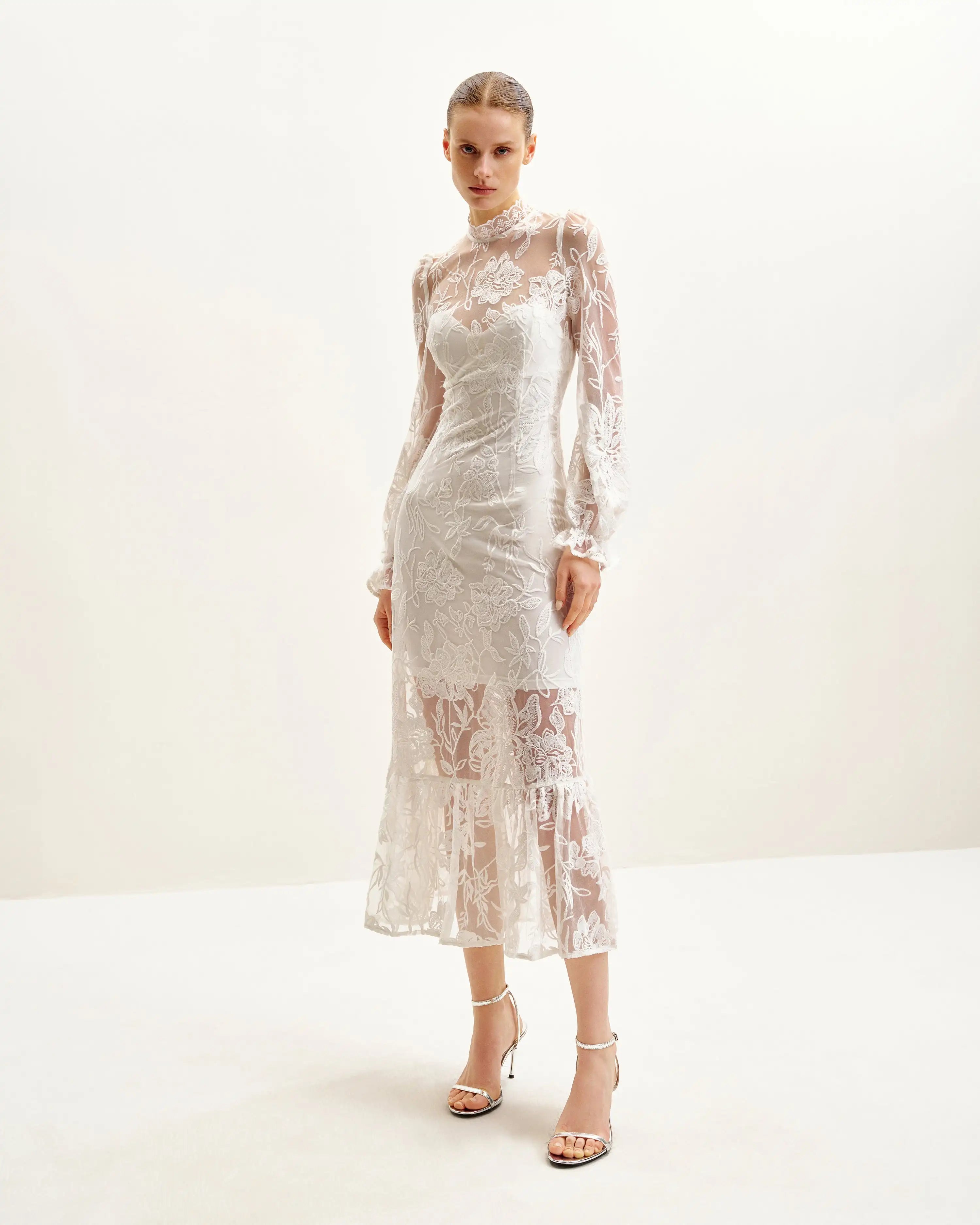 Elegant A-Line High Neck Long Sleeve Floral Lace White Midi Prom Dress