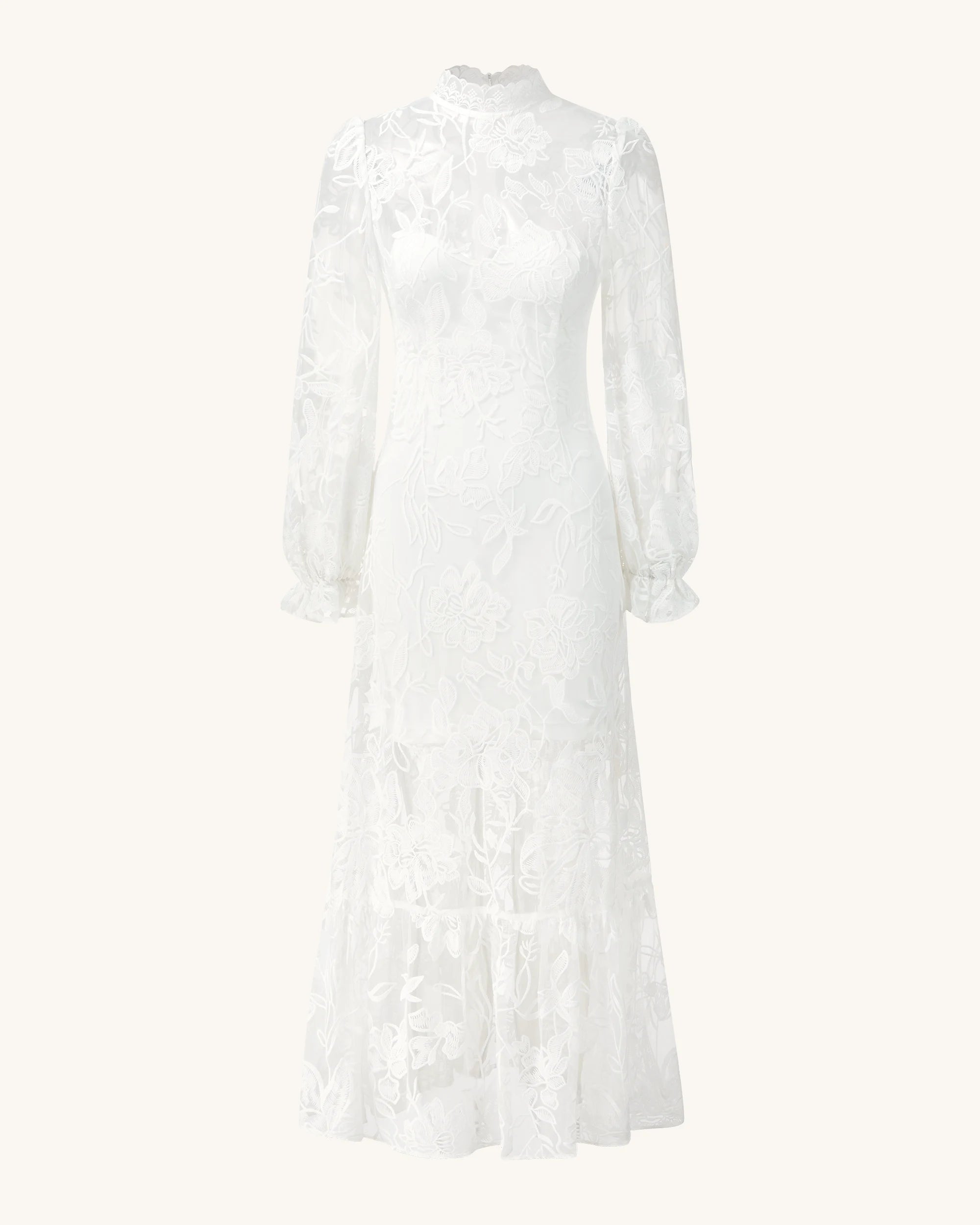 Elegant A-Line High Neck Long Sleeve Floral Lace White Midi Prom Dress