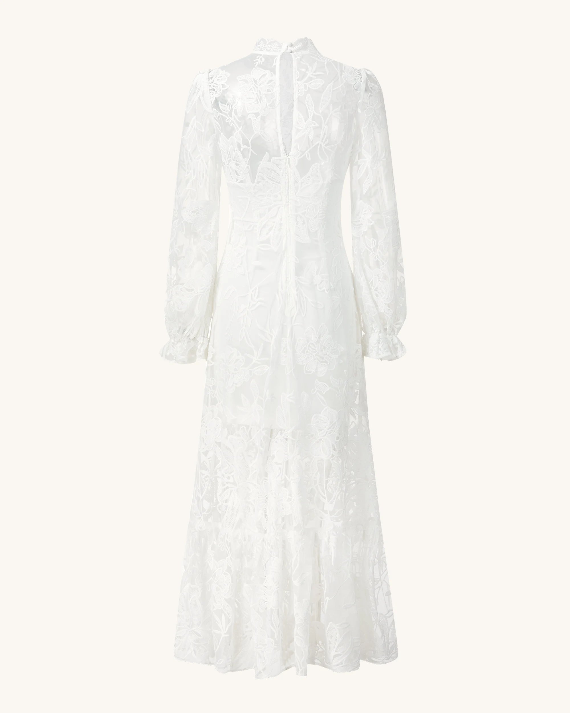 Elegant A-Line High Neck Long Sleeve Floral Lace White Midi Prom Dress