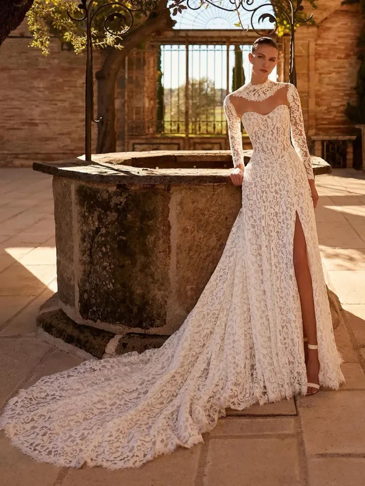 Elegant A-Line High Neck Long Sleeve Illusion Lace Ivory Wedding Dress