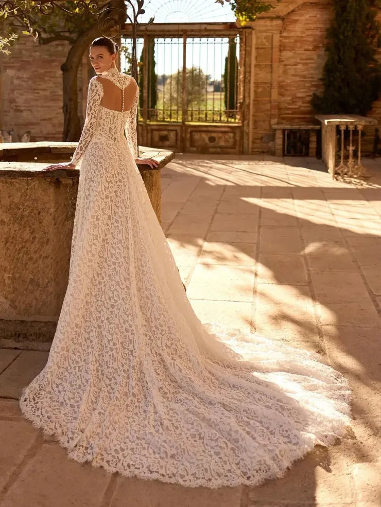 Elegant A-Line High Neck Long Sleeve Illusion Lace Ivory Wedding Dress