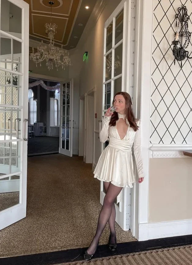 Elegant A-Line High Neck Long Sleeve Ivory Short Homecoming Dress