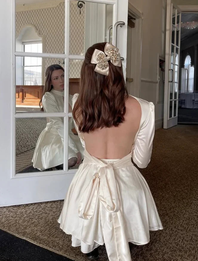Elegant A-Line High Neck Long Sleeve Ivory Short Homecoming Dress
