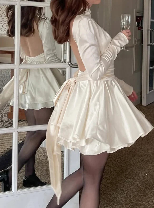 Elegant A-Line High Neck Long Sleeve Ivory Short Homecoming Dress