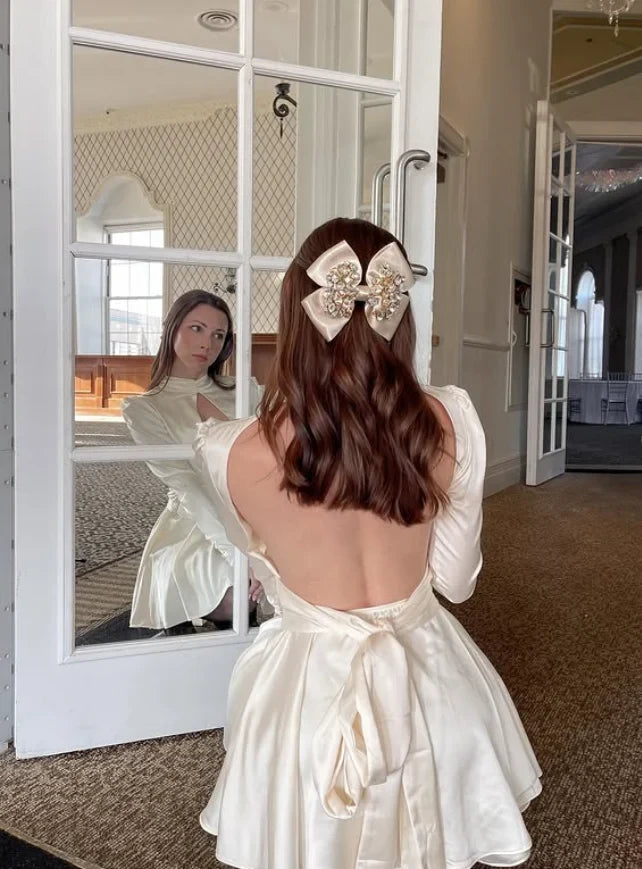 Elegant A-Line High Neck Long Sleeve Ivory Short Homecoming Dress