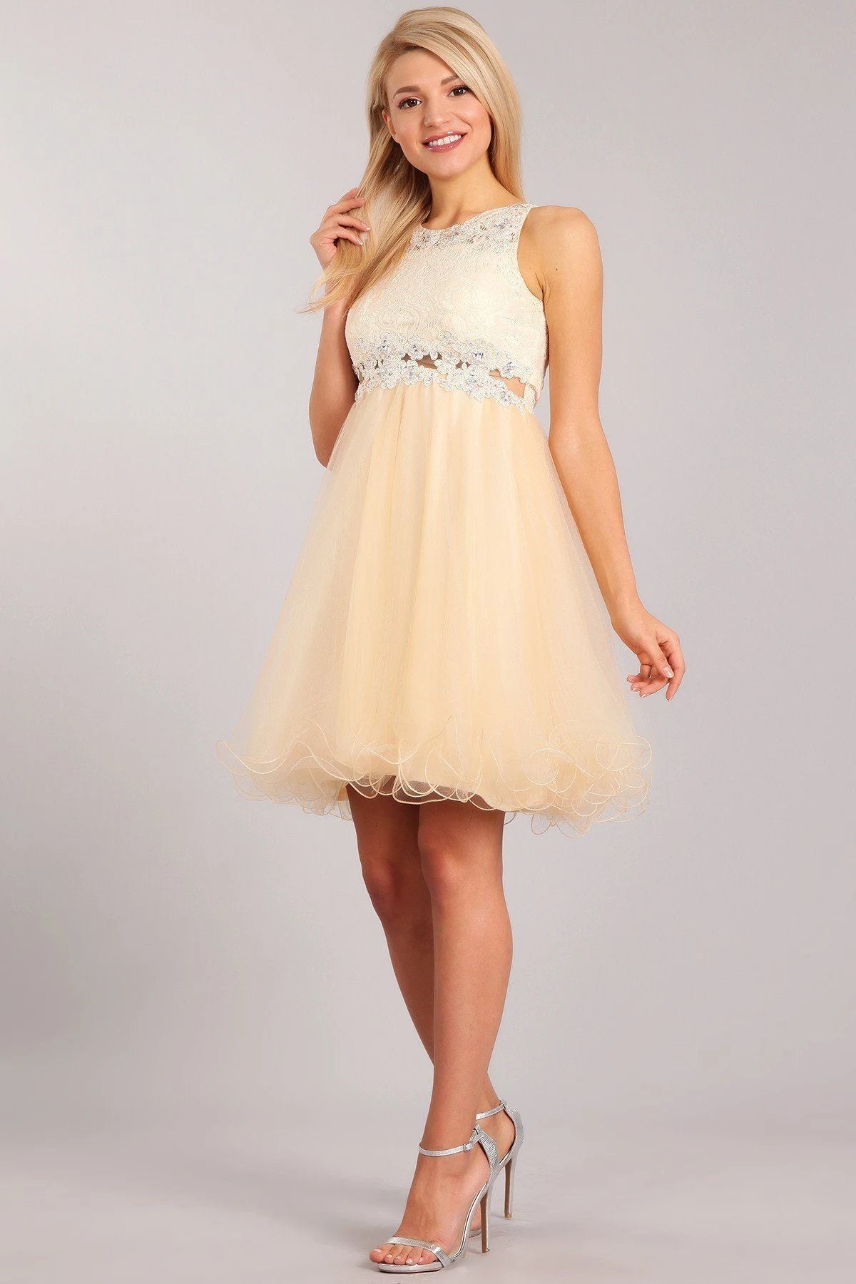 Elegant A-Line High Neck Sleeveless Beaded Ruffled Champagne Short Homecoming Dress for Women