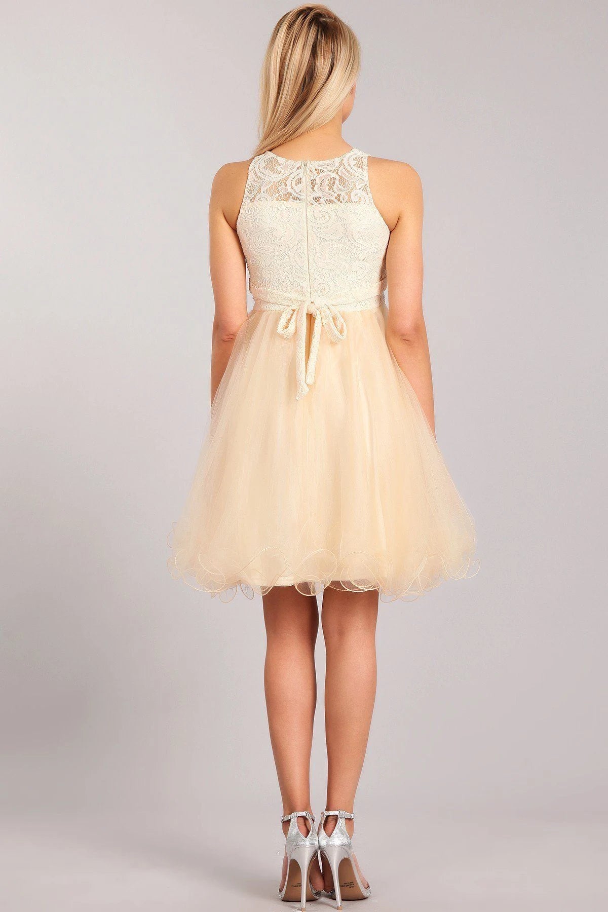 Elegant A-Line High Neck Sleeveless Beaded Ruffled Champagne Short Homecoming Dress for Women