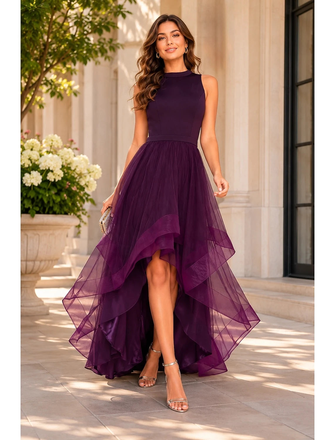 Elegant A-Line High Neck Sleeveless Tiered High-Low Plum Prom Dress