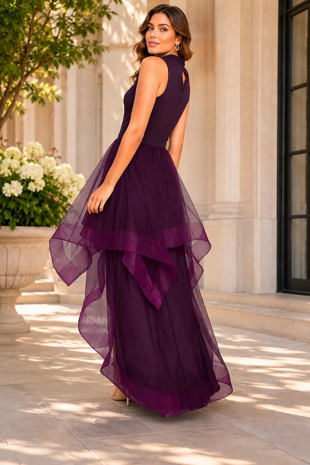 Elegant A-Line High Neck Sleeveless Tiered High-Low Plum Prom Dress