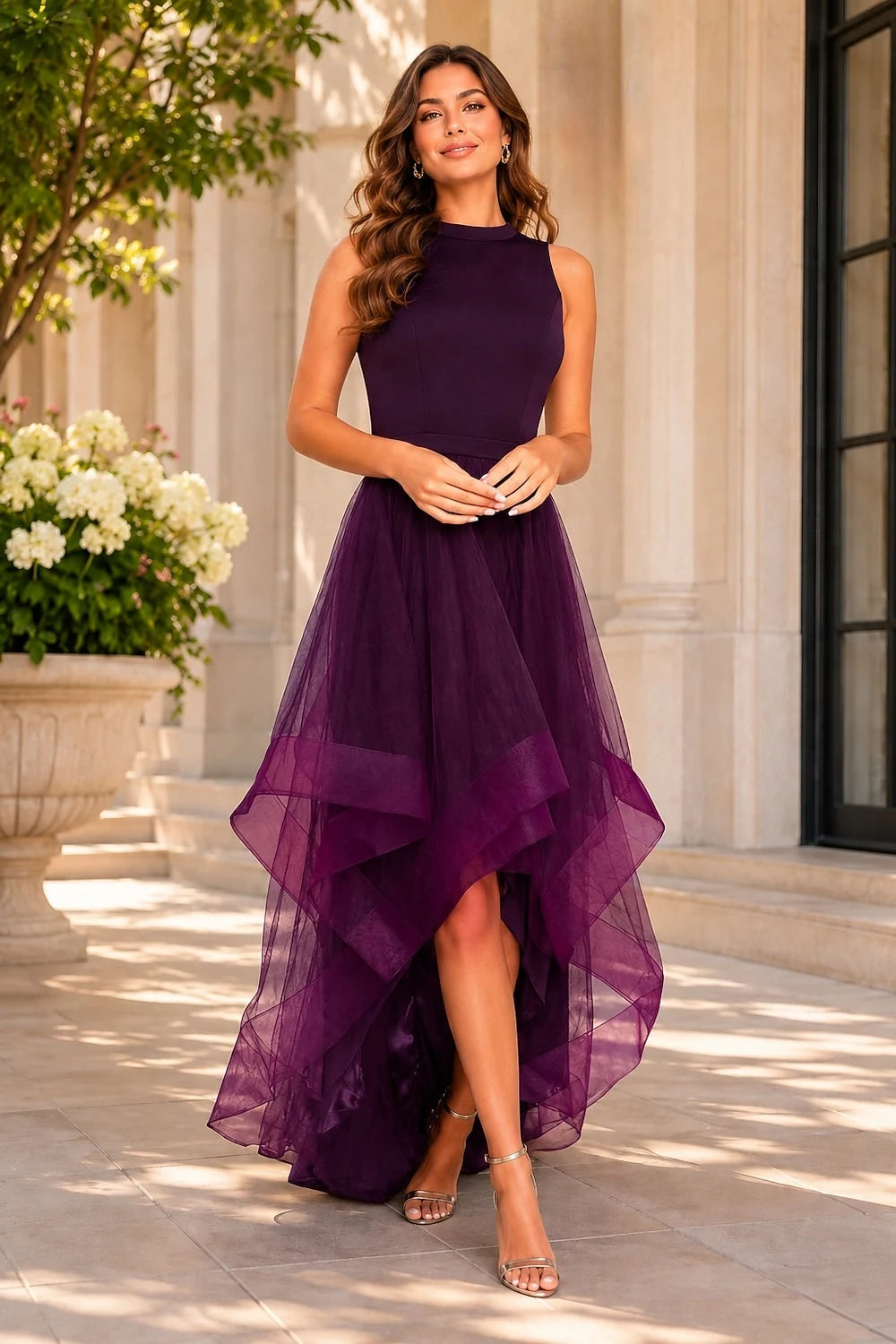 Elegant A-Line High Neck Sleeveless Tiered High-Low Plum Prom Dress