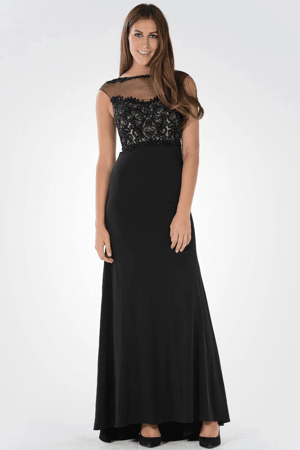 Elegant A-Line Illusion Bateau Sleeveless Formal Black Floor-Length Prom Dress Women's Gown