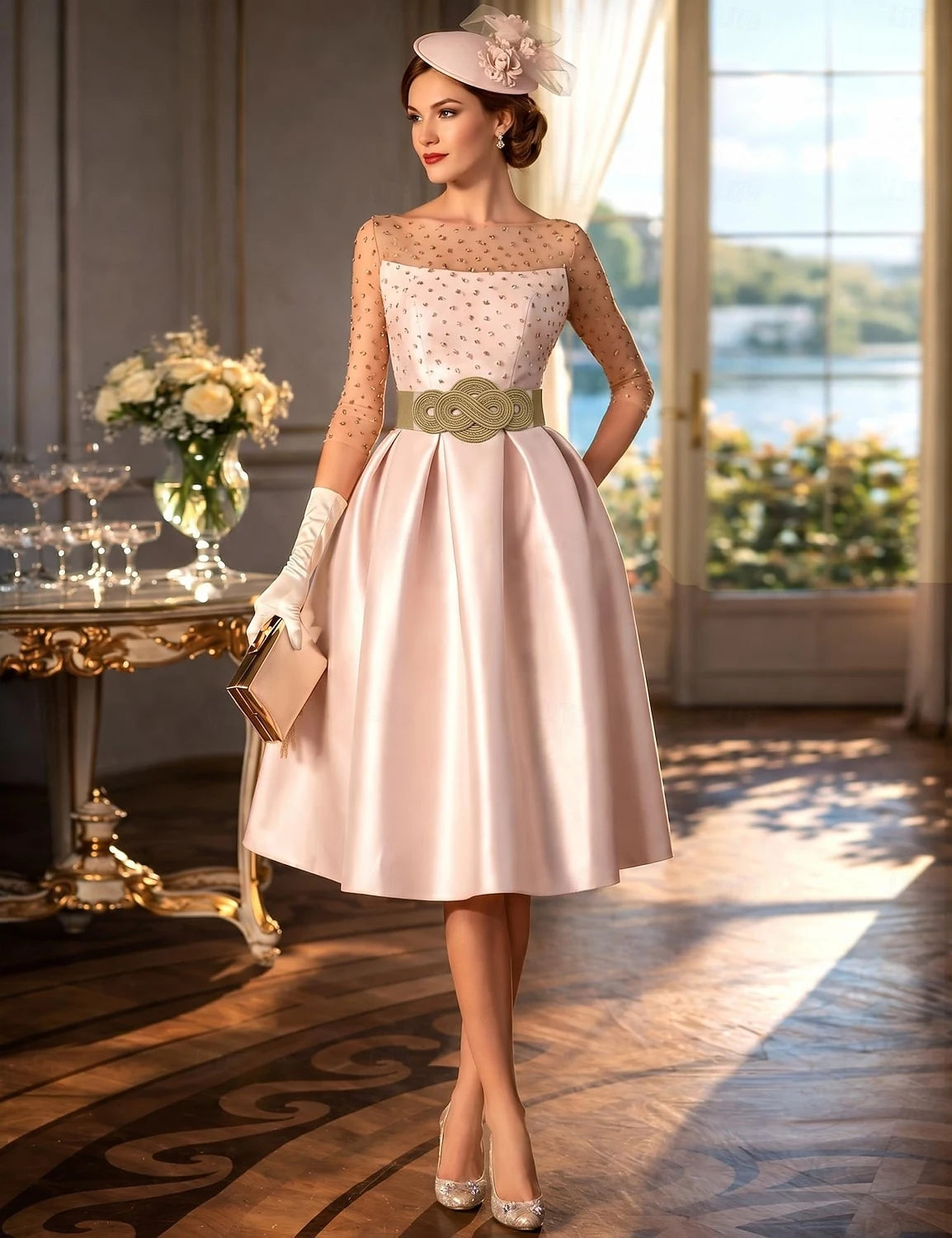 Elegant A-Line Illusion Boat Neck Three-Quarter Embellished Blush Pink Midi Prom Dress