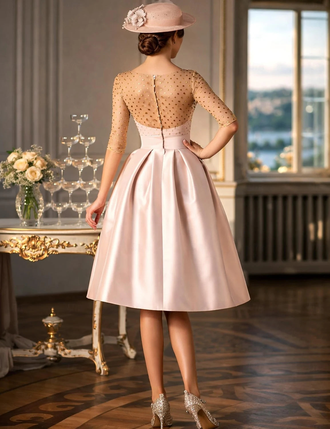 Elegant A-Line Illusion Boat Neck Three-Quarter Embellished Blush Pink Midi Prom Dress