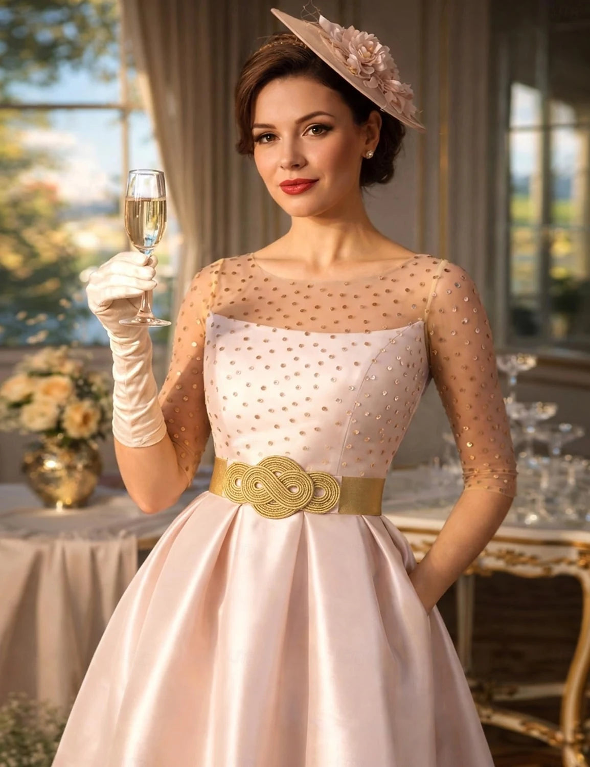 Elegant A-Line Illusion Boat Neck Three-Quarter Embellished Blush Pink Midi Prom Dress