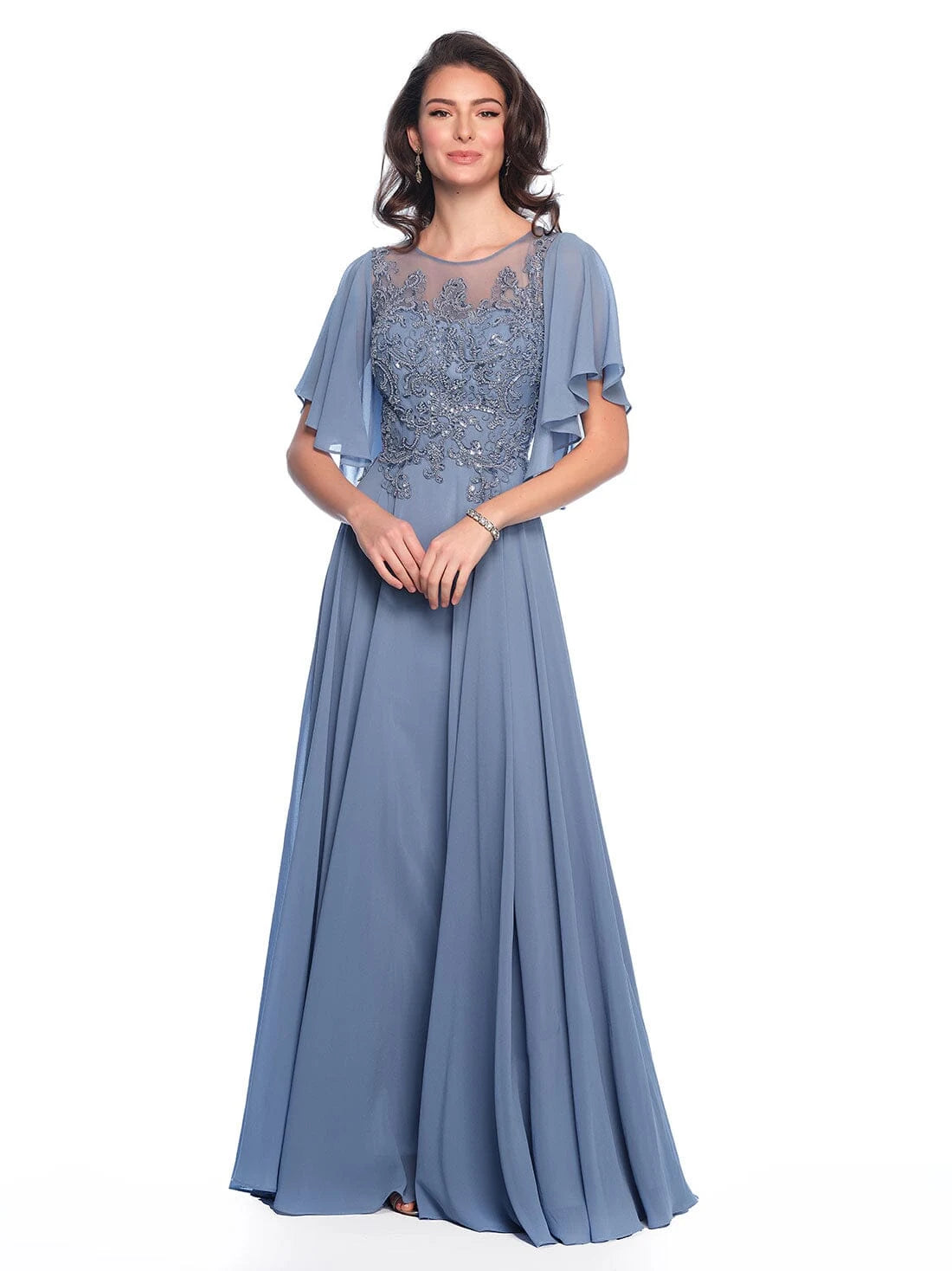 Elegant A-Line Illusion Neck Flutter Sleeve Beaded Dusty Blue Floor-Length Prom Dress