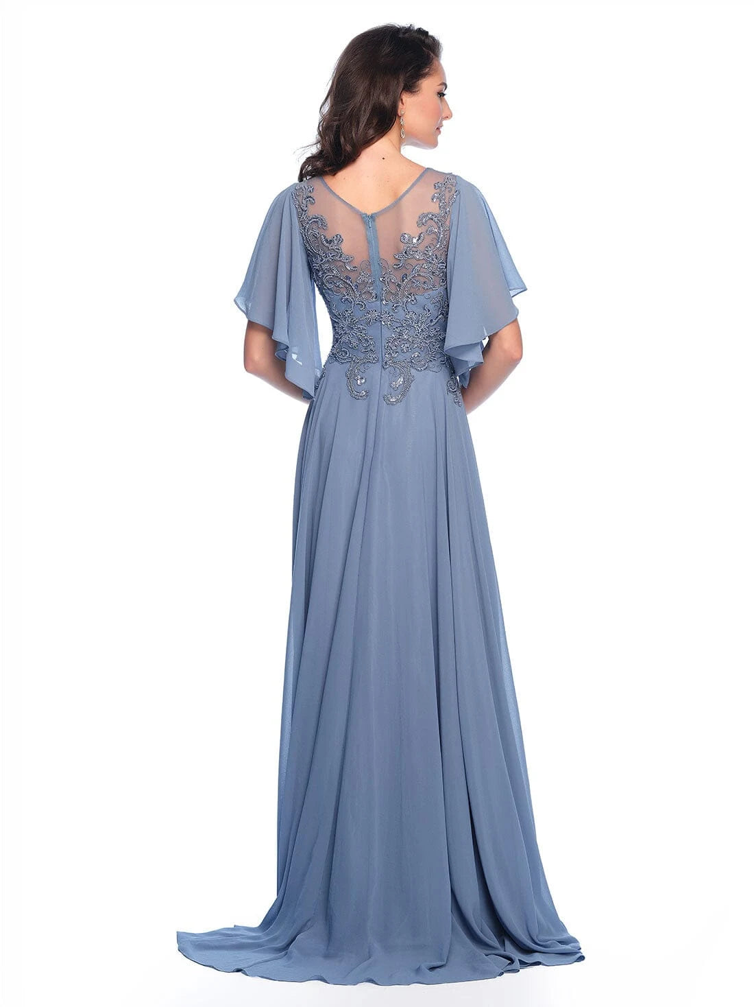 Elegant A-Line Illusion Neck Flutter Sleeve Beaded Dusty Blue Floor-Length Prom Dress