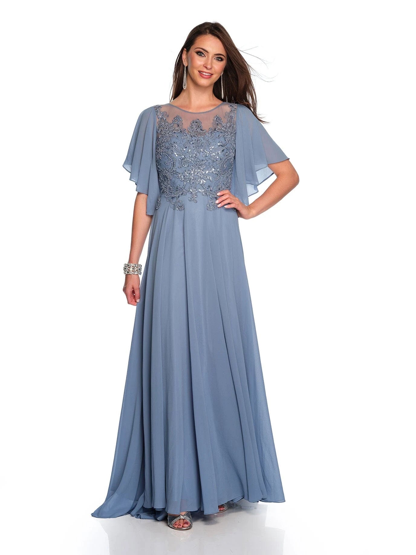 Elegant A-Line Illusion Neck Flutter Sleeve Beaded Dusty Blue Floor-Length Prom Dress