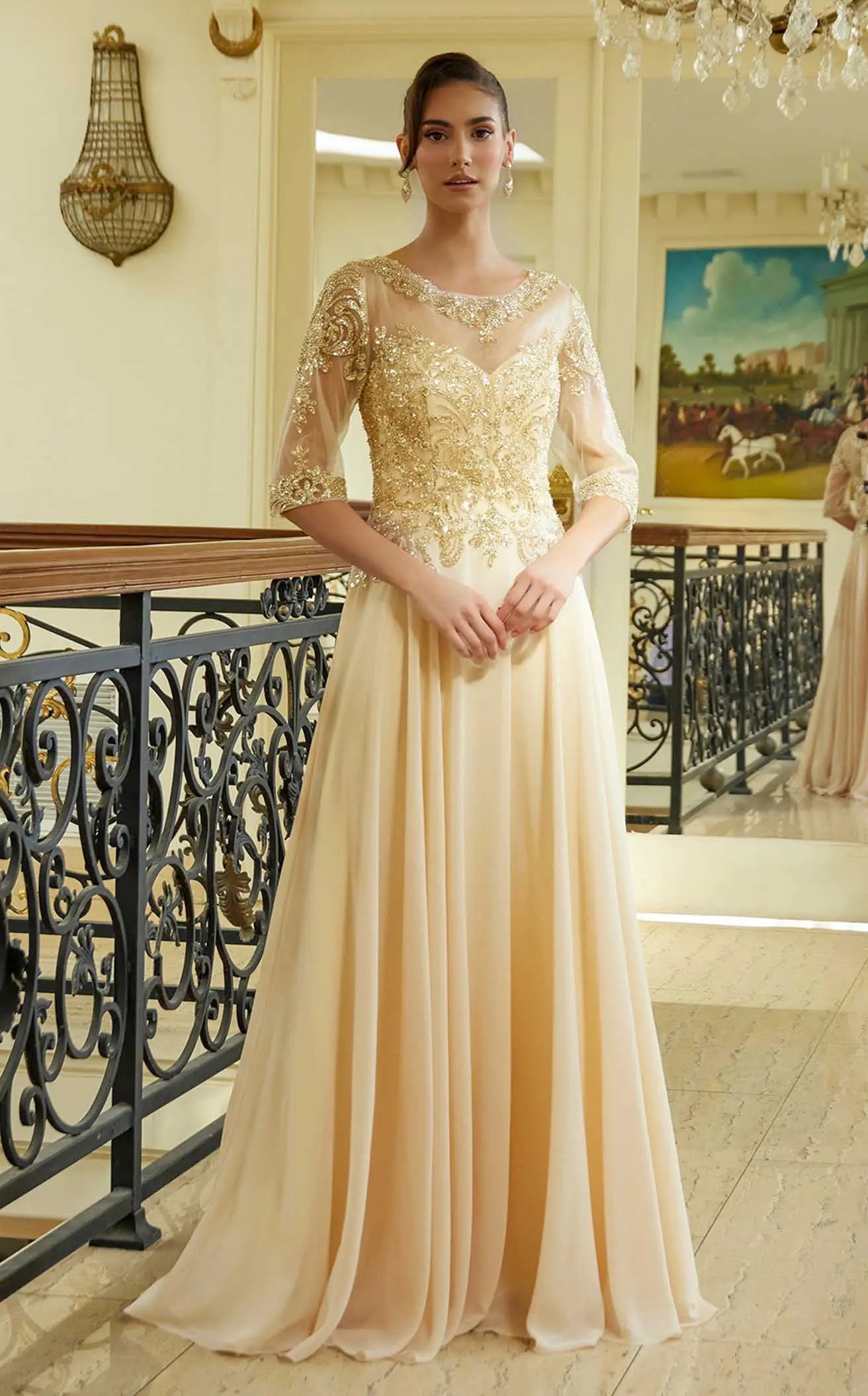 Elegant A-Line Illusion Neck Half Sleeve Beaded Champagne Floor-Length Prom Gown