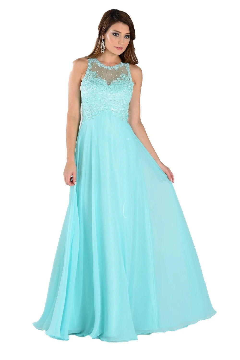 Elegant A-Line Illusion Neck Sleeveless Applique Keyhole Back Aqua Floor-Length Prom Dress