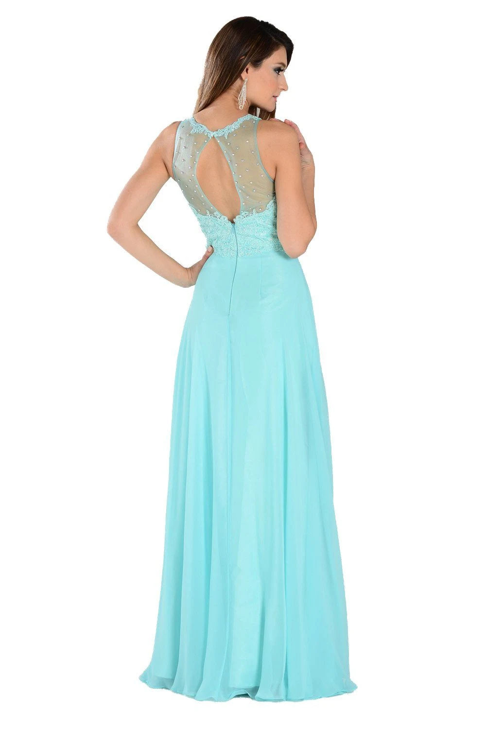 Elegant A-Line Illusion Neck Sleeveless Applique Keyhole Back Aqua Floor-Length Prom Dress
