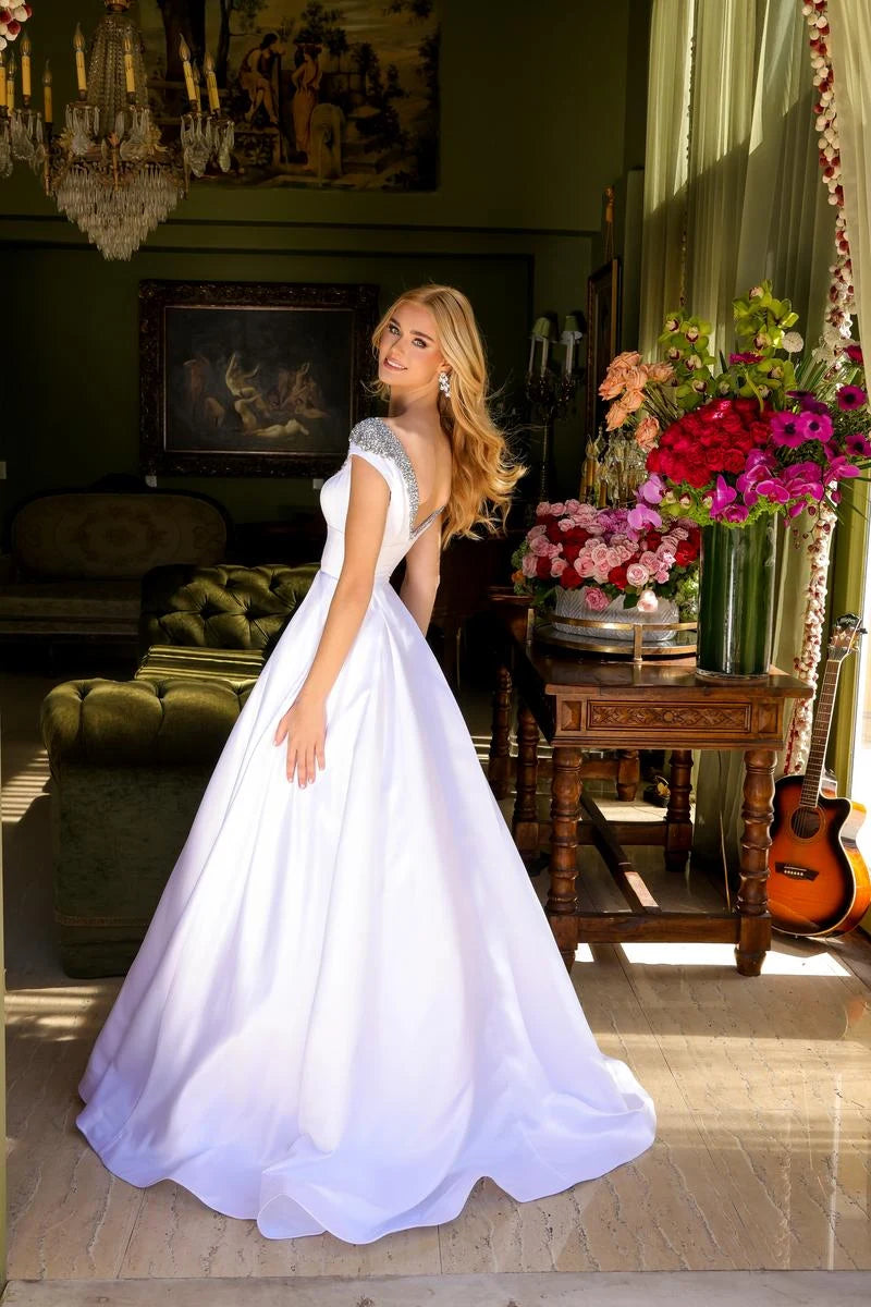 Elegant A-Line Illusion Off-Shoulder Cap Sleeve Beaded White Floor-Length Prom Gown