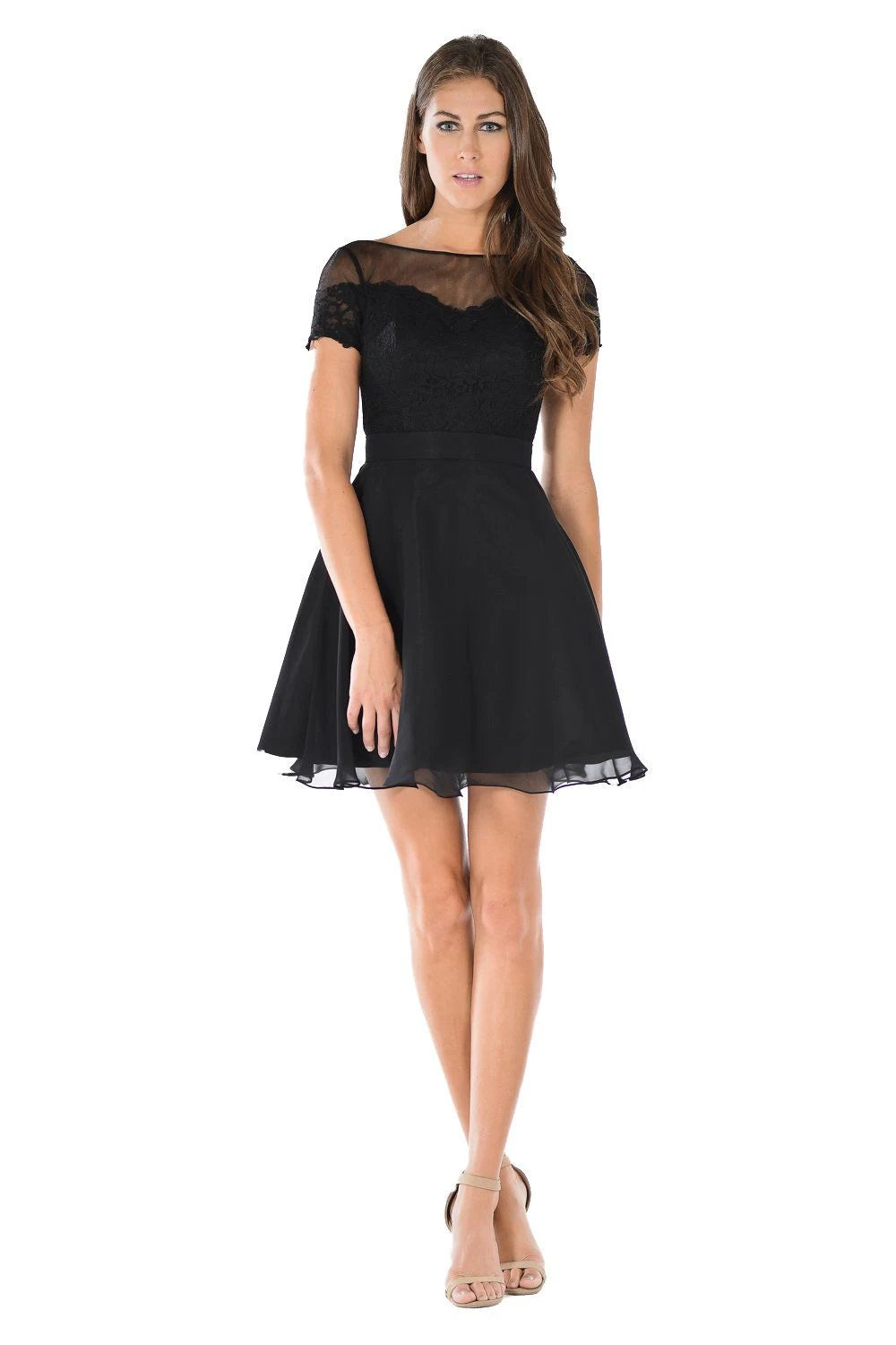 Elegant A-Line Illusion Short Sleeve Lace Black Short Homecoming Dress Women's