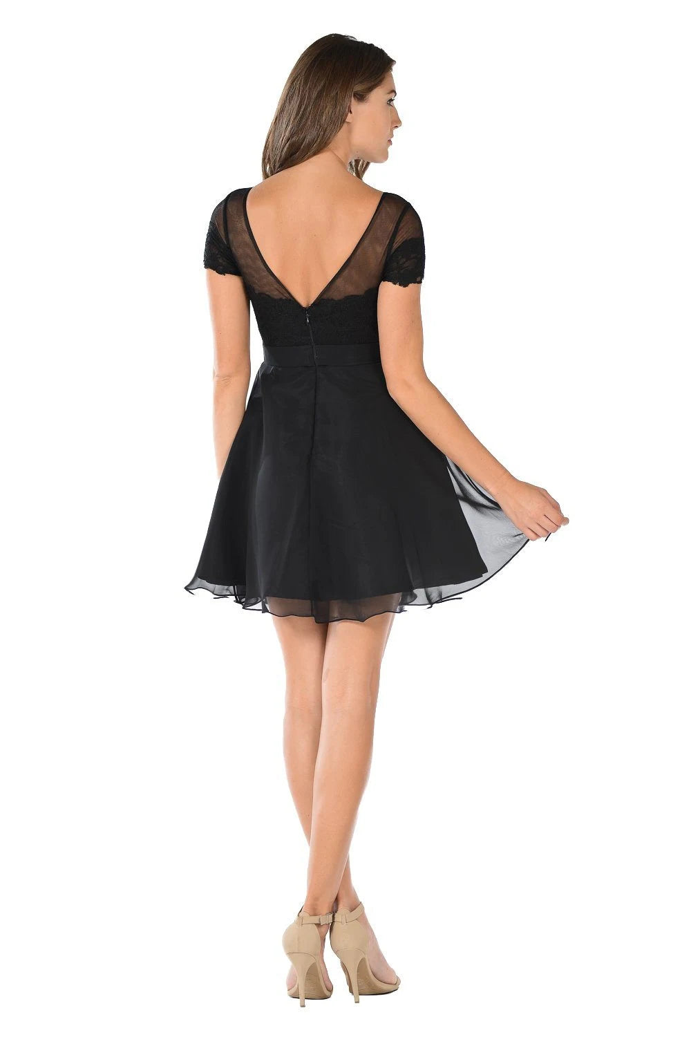 Elegant A-Line Illusion Short Sleeve Lace Black Short Homecoming Dress Women's