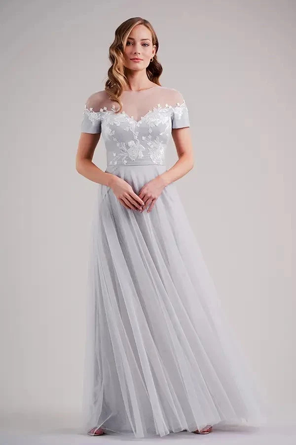 Elegant A-Line Illusion Short Sleeves Floral Dusty Blue Floor-Length Prom Gown