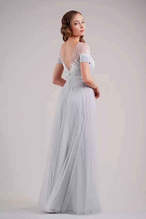 Elegant A-Line Illusion Short Sleeves Floral Dusty Blue Floor-Length Prom Gown