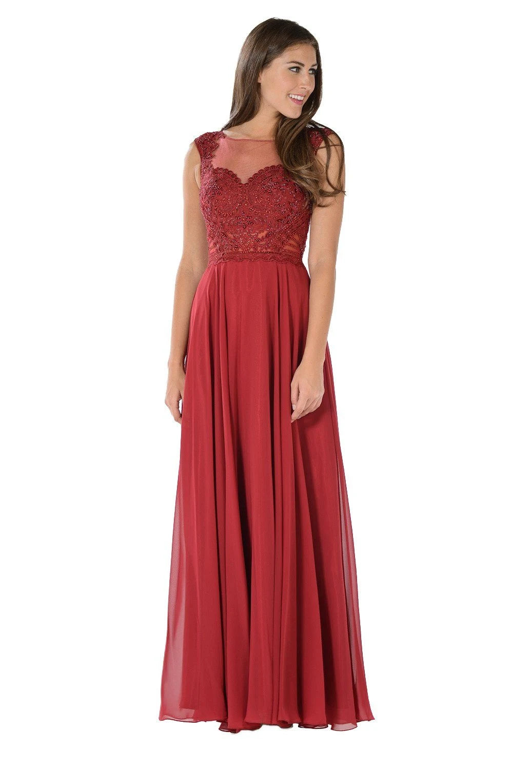 Elegant A-Line Illusion Sleeveless Embellished Burgundy Floor-Length Prom Dress Gown