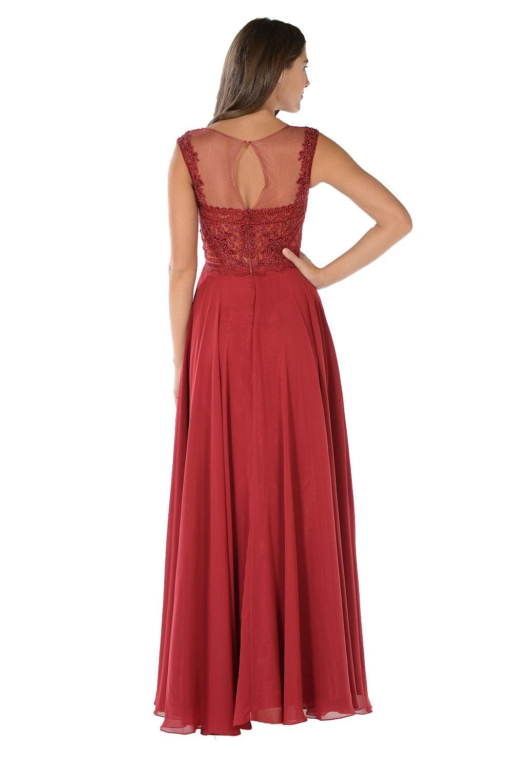 Elegant A-Line Illusion Sleeveless Embellished Burgundy Floor-Length Prom Dress Gown