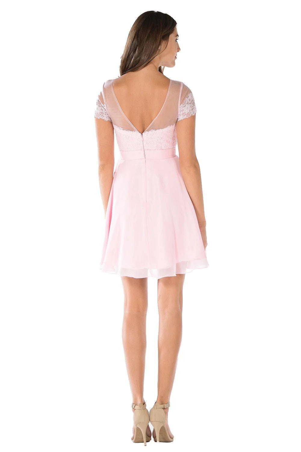 Elegant A-Line Illusion Sweetheart Short Cap Sleeve Pink Homecoming Dresses for Teens