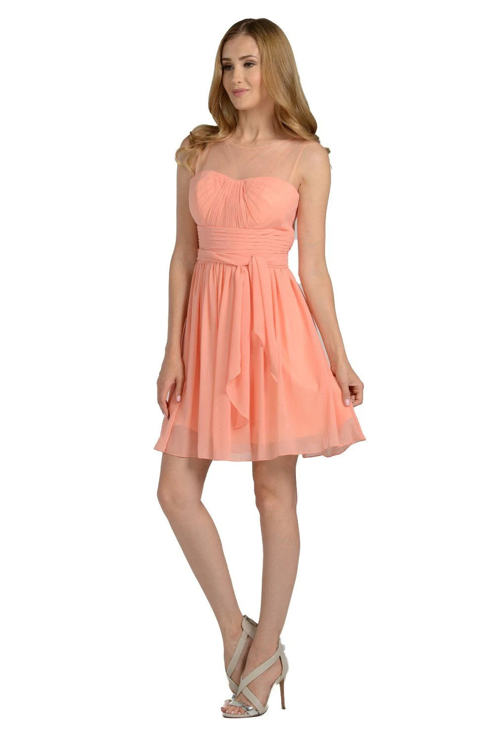 Elegant A-Line Illusion Sweetheart Sleeveless Peach Short Homecoming Dresses For Women.