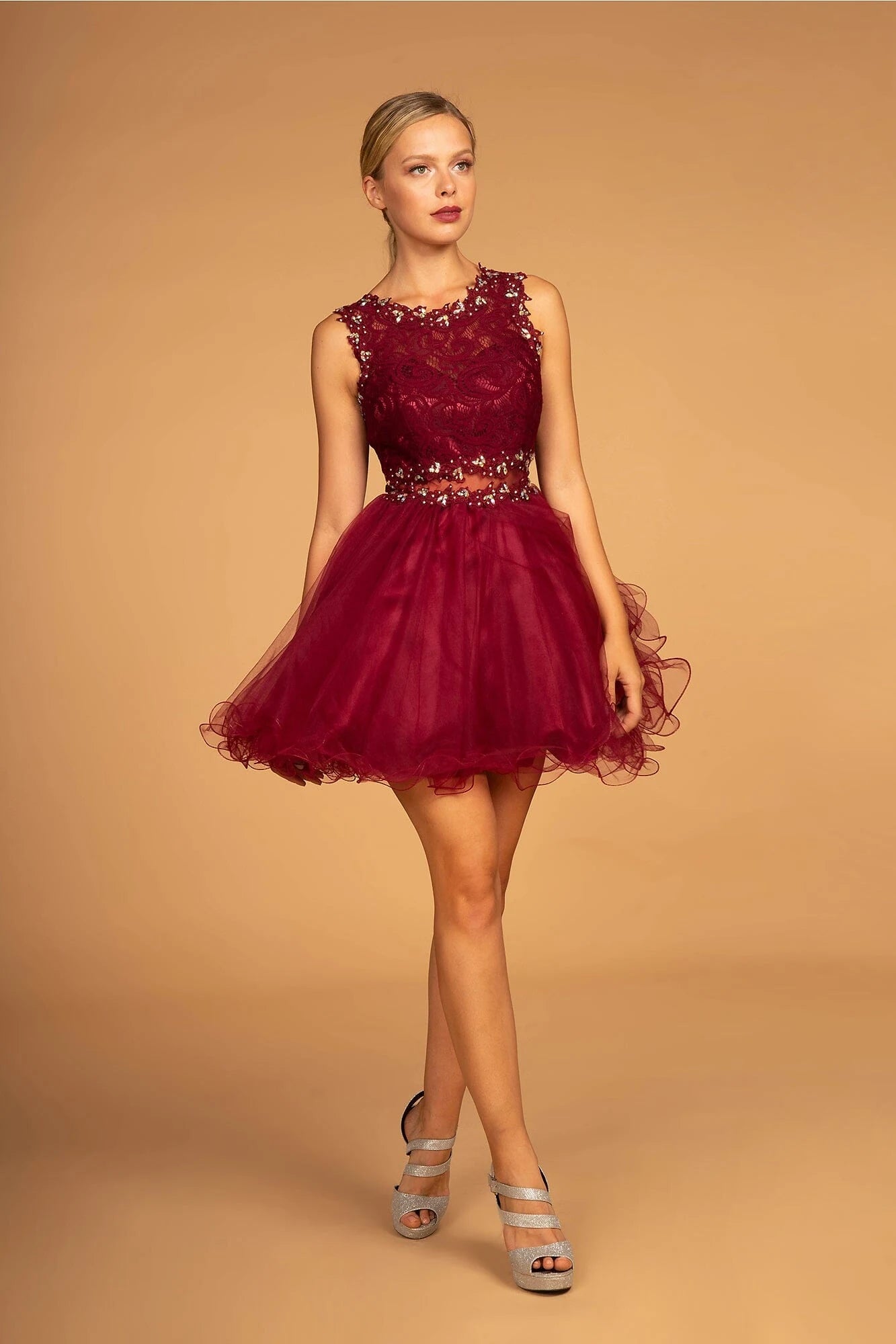 Elegant A-Line Jewel Neck Sleeveless Beaded Burgundy Short Homecoming Dress