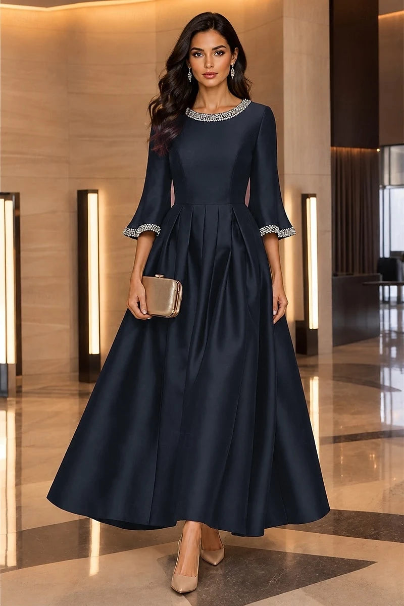Elegant A-Line Jewel Neck Three-Quarter Sleeve Beaded Navy Midi Prom Dress