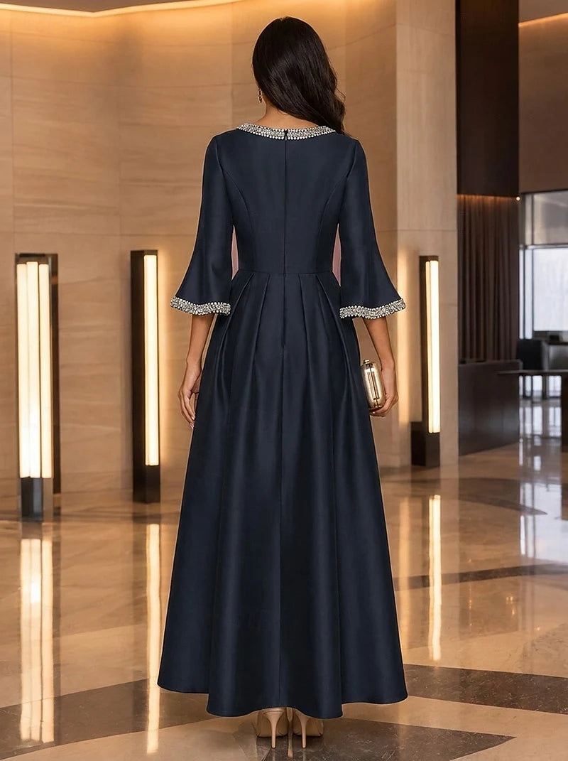 Elegant A-Line Jewel Neck Three-Quarter Sleeve Beaded Navy Midi Prom Dress