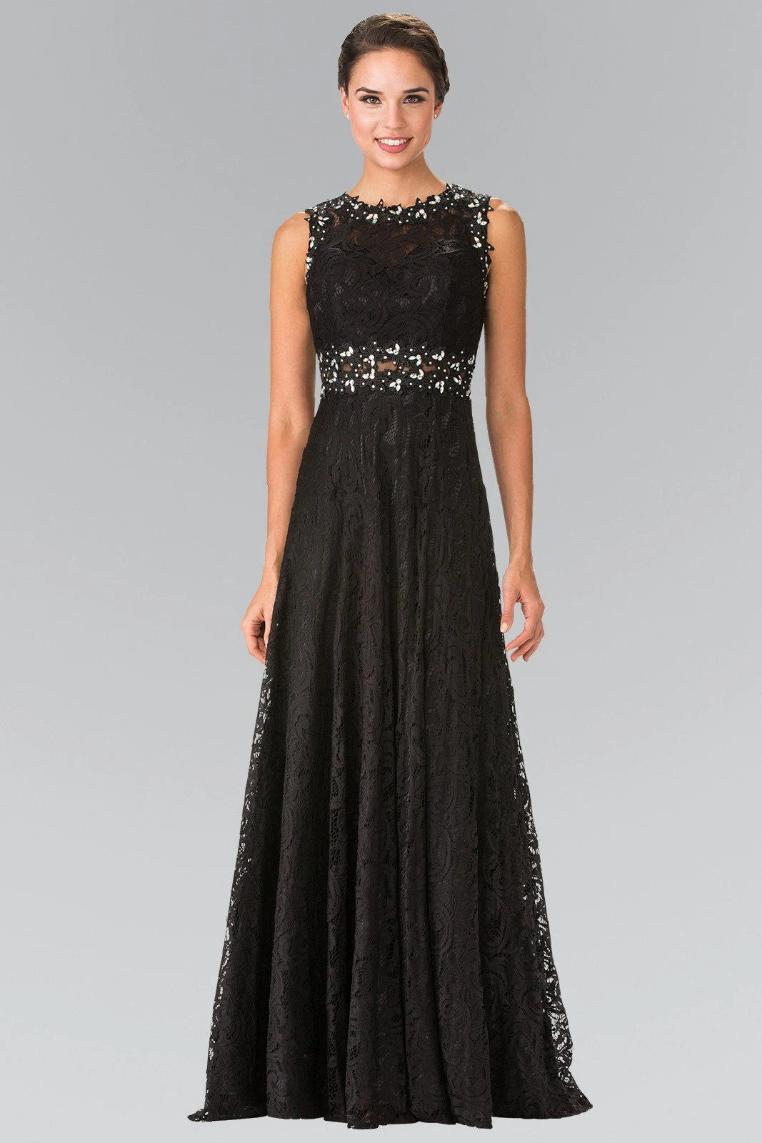 Elegant A-Line Jewel Sleeveless Beaded Lace Black Floor-Length Prom Gown