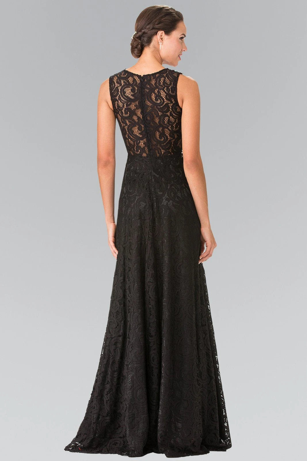 Elegant A-Line Jewel Sleeveless Beaded Lace Black Floor-Length Prom Gown