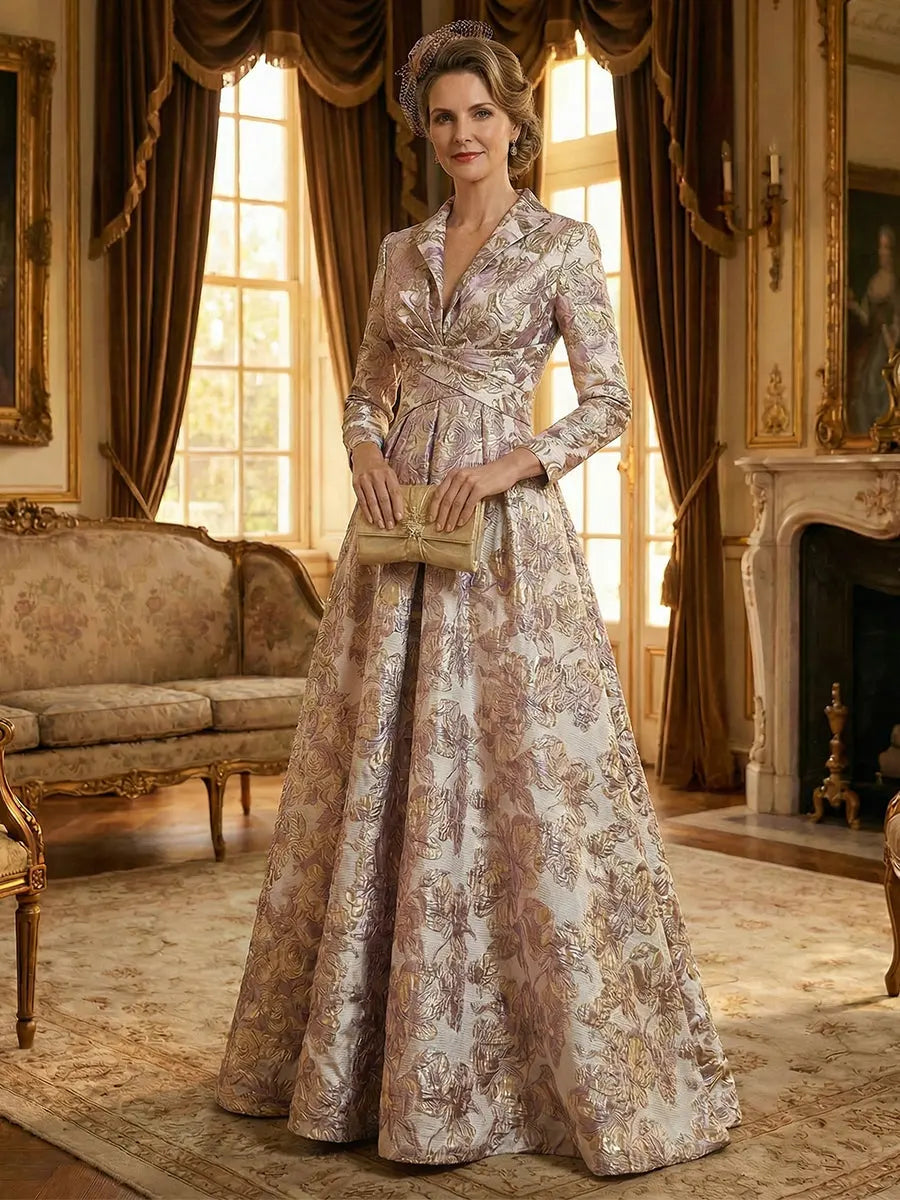 Elegant A-Line Lapel Long-Sleeve Pleated Champagne Maxi Mother Of The Bride Dress