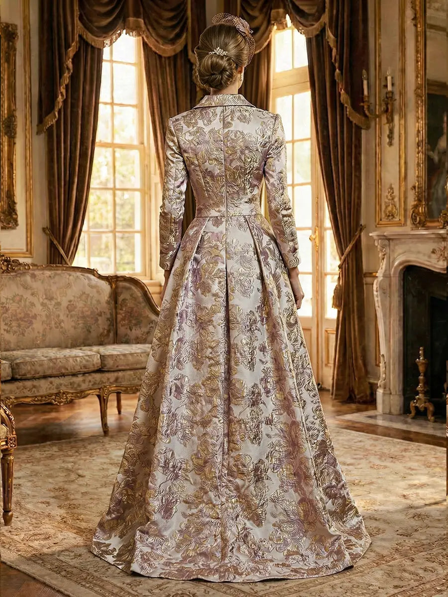 Elegant A-Line Lapel Long-Sleeve Pleated Champagne Maxi Mother Of The Bride Dress