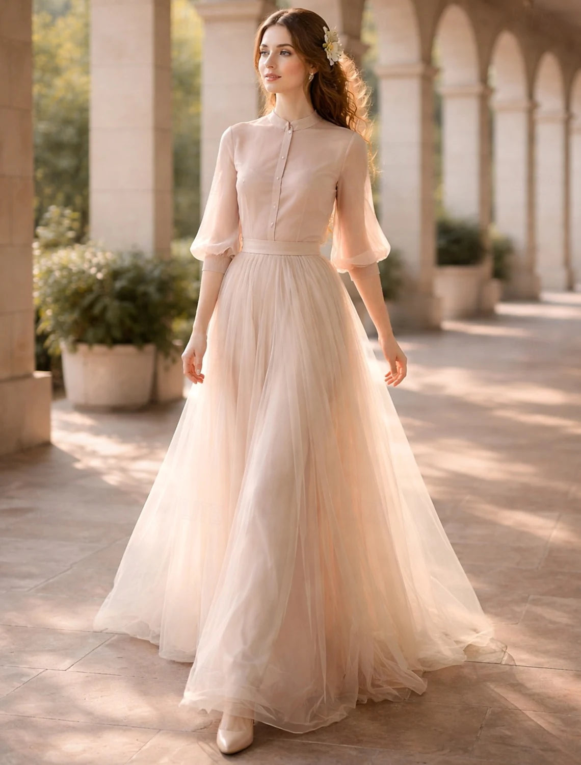 Elegant A-Line Mandarin Collar Long Sleeve Sheer Nude Pink Floor-Length Prom Dress