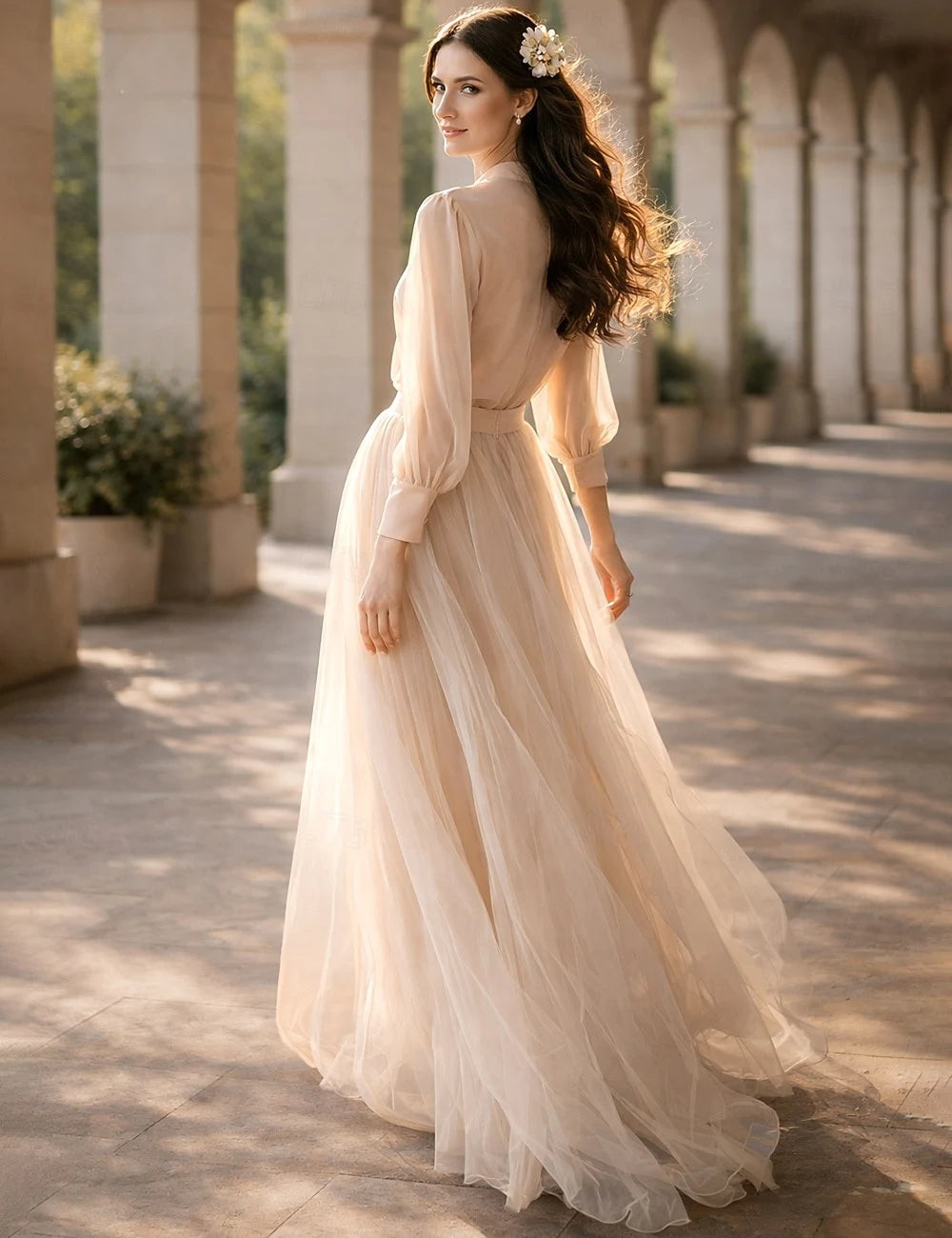 Elegant A-Line Mandarin Collar Long Sleeve Sheer Nude Pink Floor-Length Prom Dress