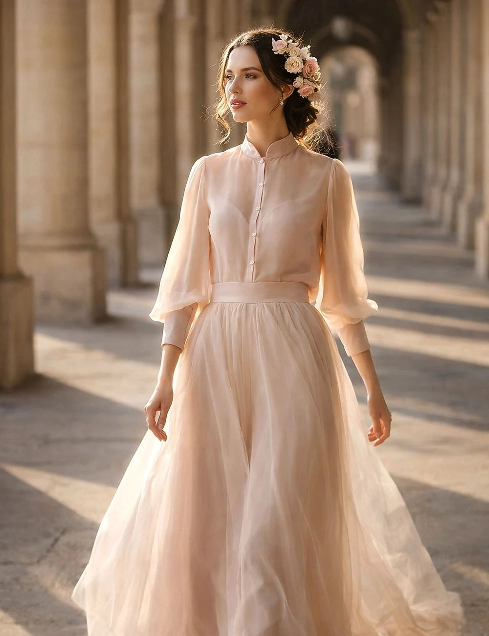 Elegant A-Line Mandarin Collar Long Sleeve Sheer Nude Pink Floor-Length Prom Dress