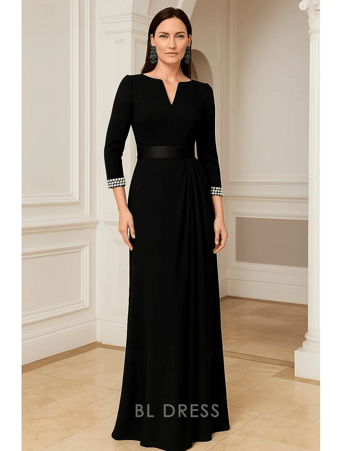 Elegant A-Line Notched V-Neck Pearl Cuff Black Floor-Length Evening Gown
