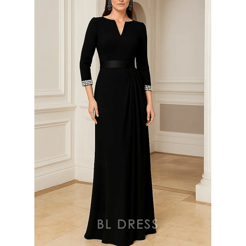 Elegant A-Line Notched V-Neck Pearl Cuff Black Floor-Length Evening Gown