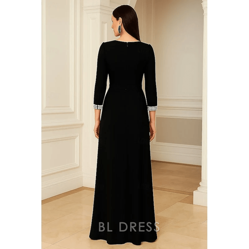 Elegant A-Line Notched V-Neck Pearl Cuff Black Floor-Length Evening Gown